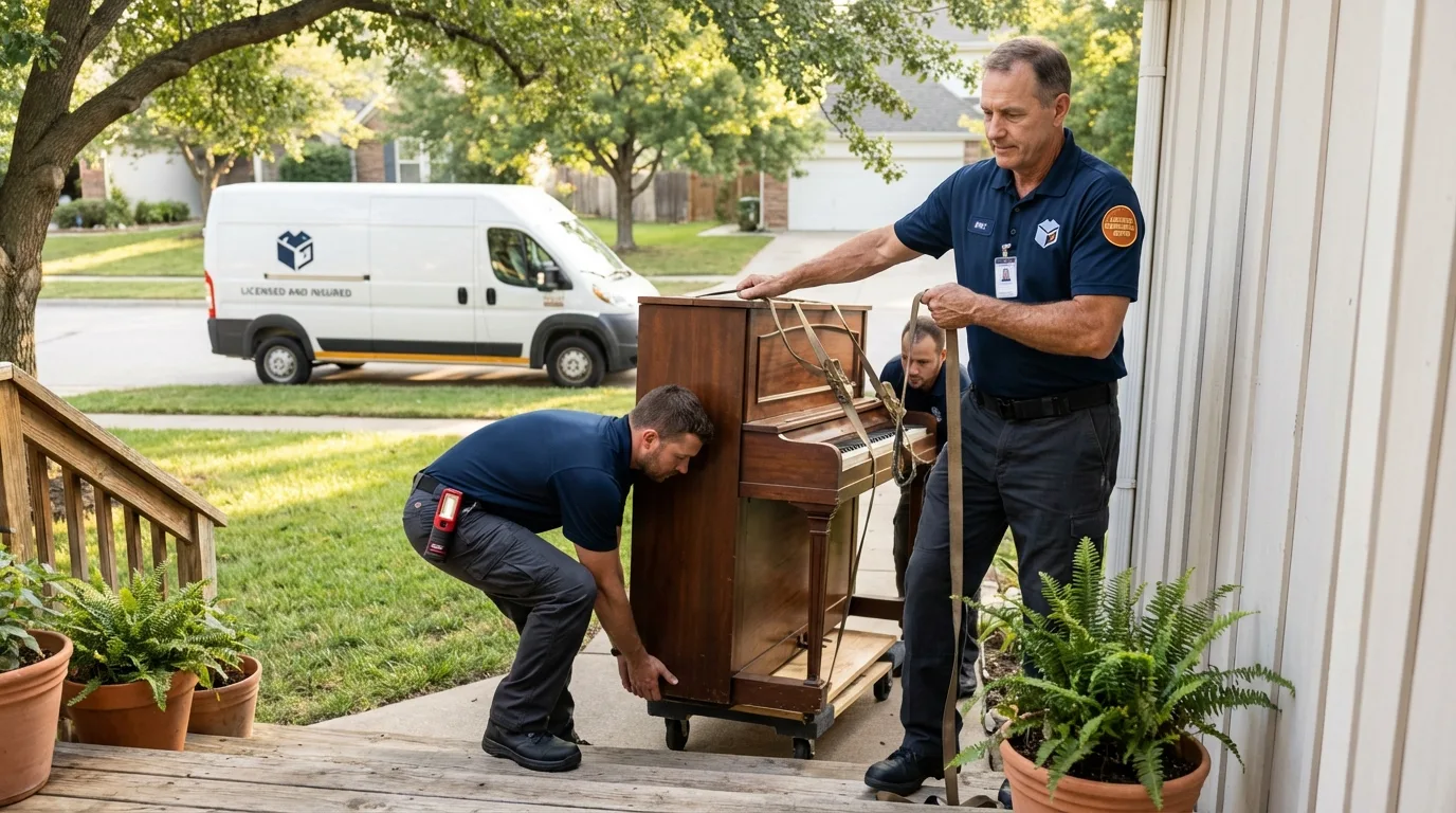 Licensed piano movers securing grand piano in Carey, OH