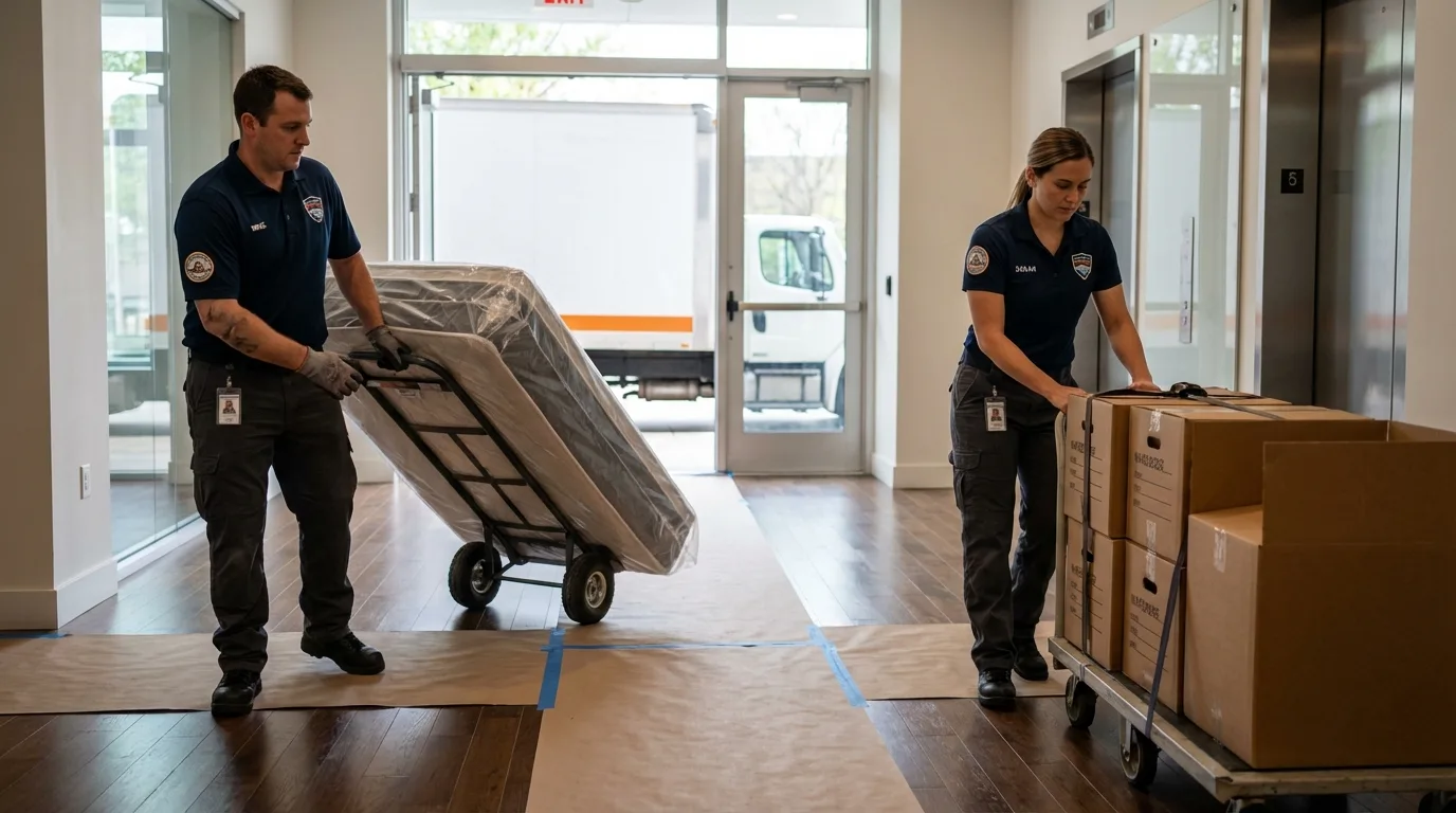 Professional apartment movers loading elevator in Carey, OH